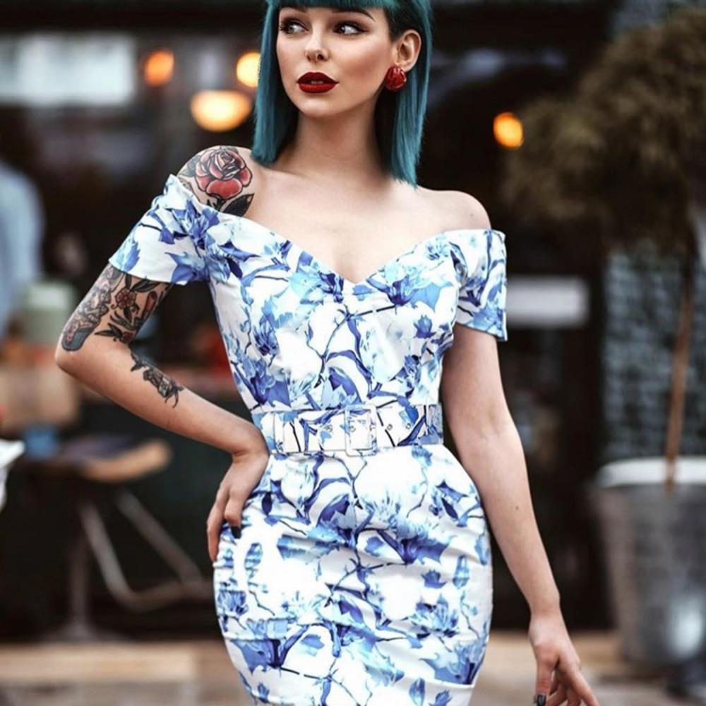 1950s pencil skirt blue floral dress